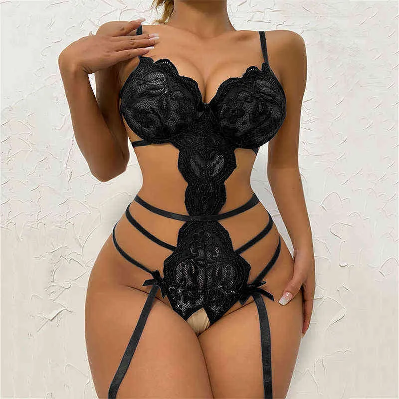 Porno Crotchless Underwear Women Lace Transparent Bra Set Hot Erotic Comes Female Teddy Bodysuit Deep V Bra Sexy Lingerie Set L220727