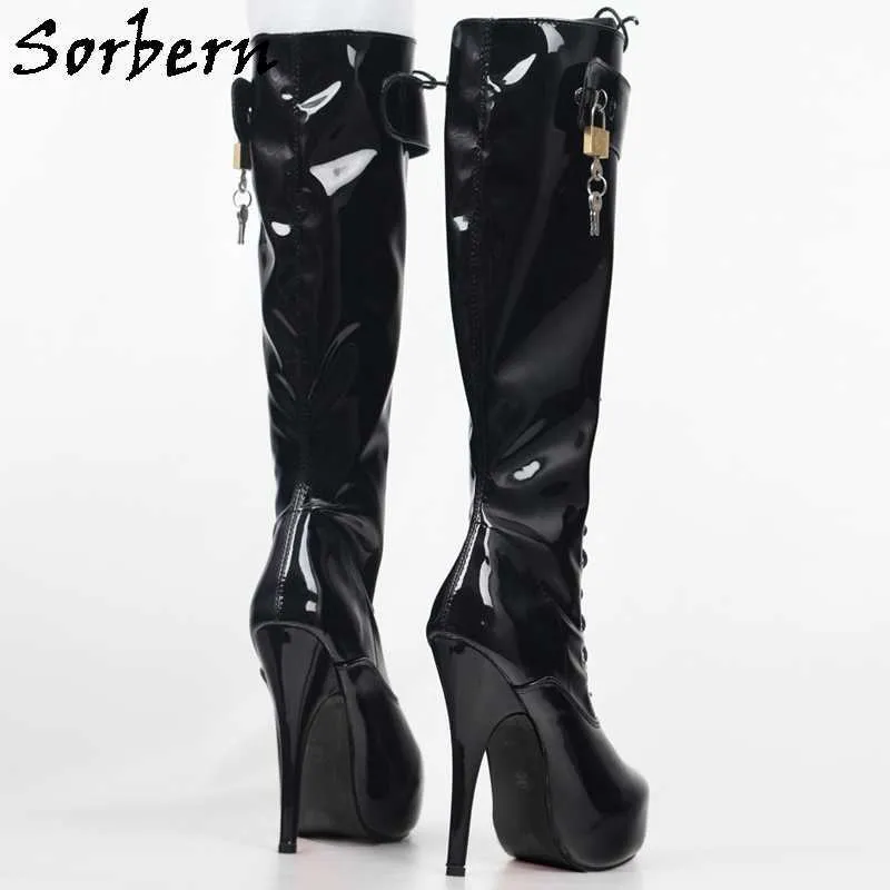 Sorbern sexy black fétiche bottes genou haute femme avec serrures 15cm talon haut talon invisible plate-forme invisible dace up bottes unisexes femelles