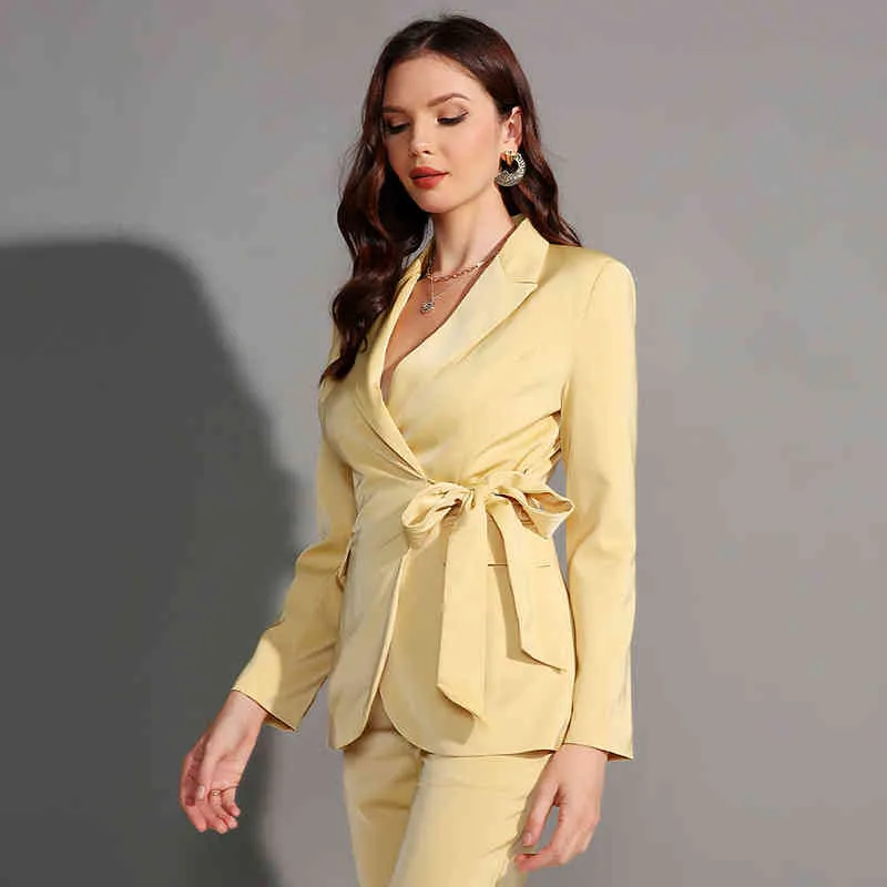 Spring Female Office Wear Blazer Pant Suit Two Pieces Set Women Belted Suit Jacket Wide Leg Pant Elegant Blazer Set T220729