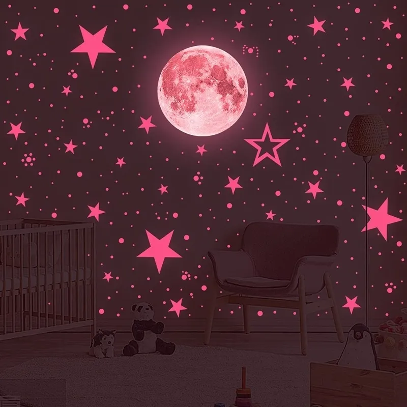 set Luminous Moon Stars Dots 벽 스티커 아이 방 거실 거실 집 장식 데스칼에 빛나는 어두운 스티커 220809