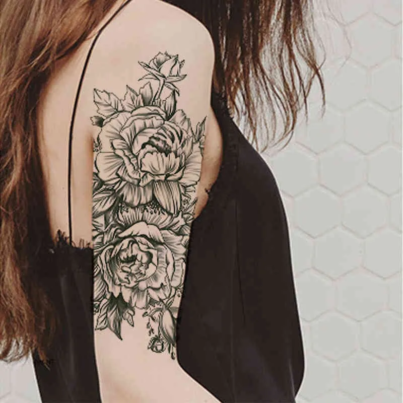 NXY Temporary Tattoo Black Roses Design Full Flower Sticker for Fashion Women Girl Arm Body Art Big Large Fake 0330