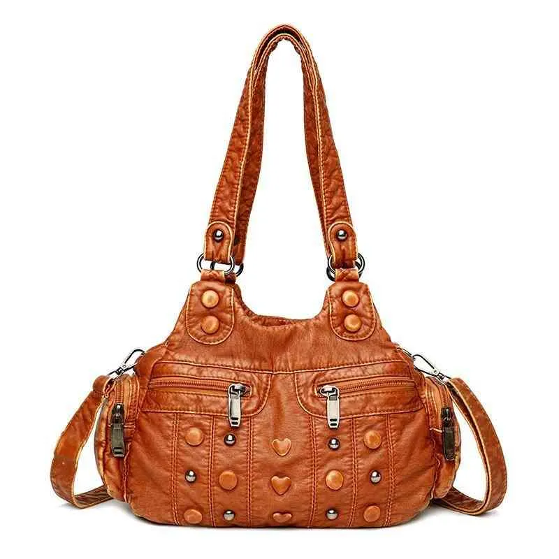 Purses Outlet Women's new hand soft texture double-layer high-capacity real washed leather diagonal sling one shoulder bag women