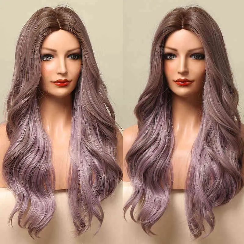 Long Wavy Synthetic Hair Wig Ombre Light Ash Purple Water Wave Middle Part Wigs For Women Cosplay Daily Heat Resistant Pink Wig