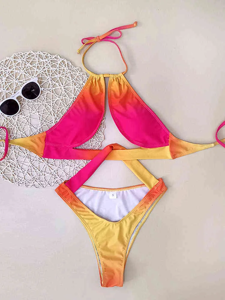 2022 New Sexy Tie-Dye Print Swimwear Women One Piece Swimsuit Female Hollow Out Bathing Suit Summer Beach Wear Backless Monokini Y220423