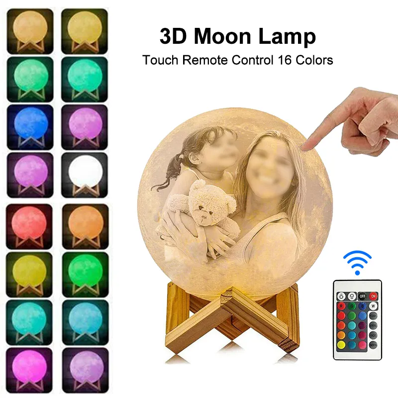Personnalisé Po 3D Imprimé Lune Veilleuse Lampe Personnalisé USB Charge 16 Couleur Veilleuse Cadeau Créatif avec Votre Texte Po 220623