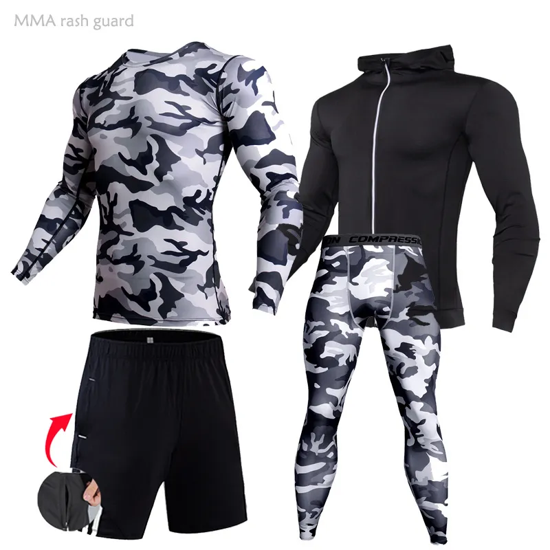 Workout Clothing 4-pc /Set of Men's Sportswear Compression Underwear Sports Tight Dark Grey Camouflage Tracksuit Sweat Suit Set 220518