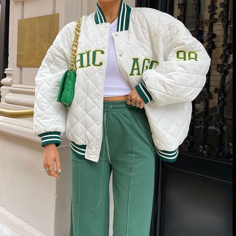 Y2K Green Print Fashion Baseball Bomber Hoat осень зима негабаритная лоскутная куртка университет женщины повседневные белые 220812
