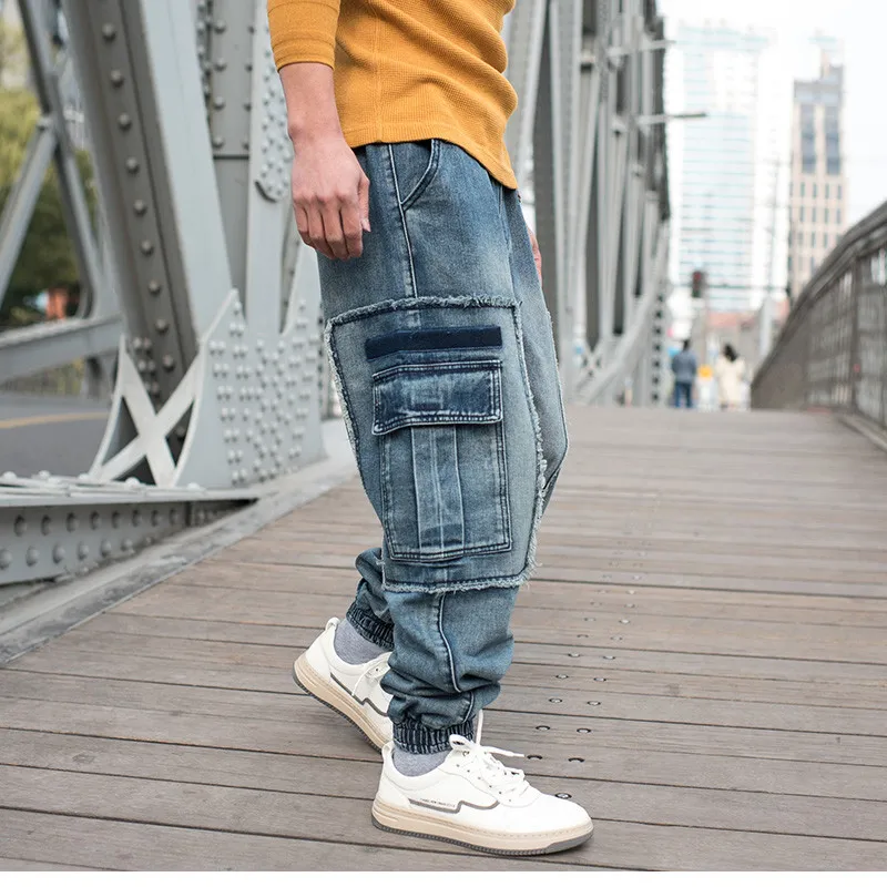 Artı Boyutu 6XL Jeans erkek Rahat Kargo Pantolon Elastik Bel Gevşek Baggy Joggers Denim Pantolon Streetwear Erkek Giyim Yeni Moda