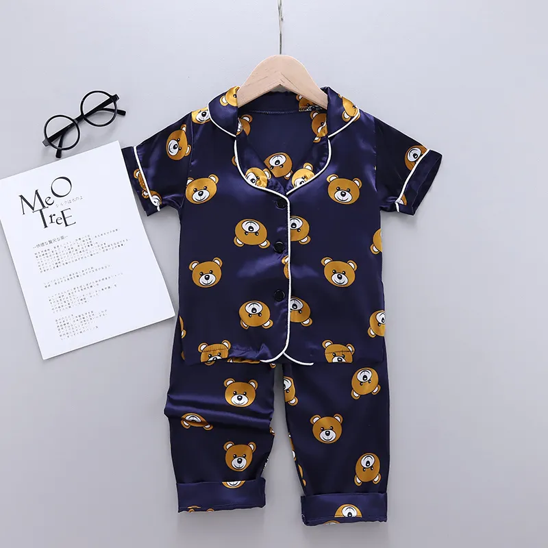 Children's Pajamas Set Baby Suit Kids Clothes Toddler Boys Girls Ice Silk Satin Cartoon Printing Tops Pants Set Home Wear 0-6Y 220706