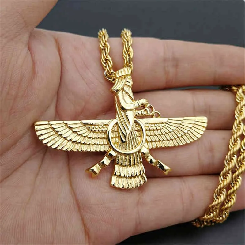 Nuovi uomini Hip Hop Iran Faravahar Ahura Mazda Collana con ciondolo zoroastriano Gioielli da uomo in acciaio inossidabile color oro