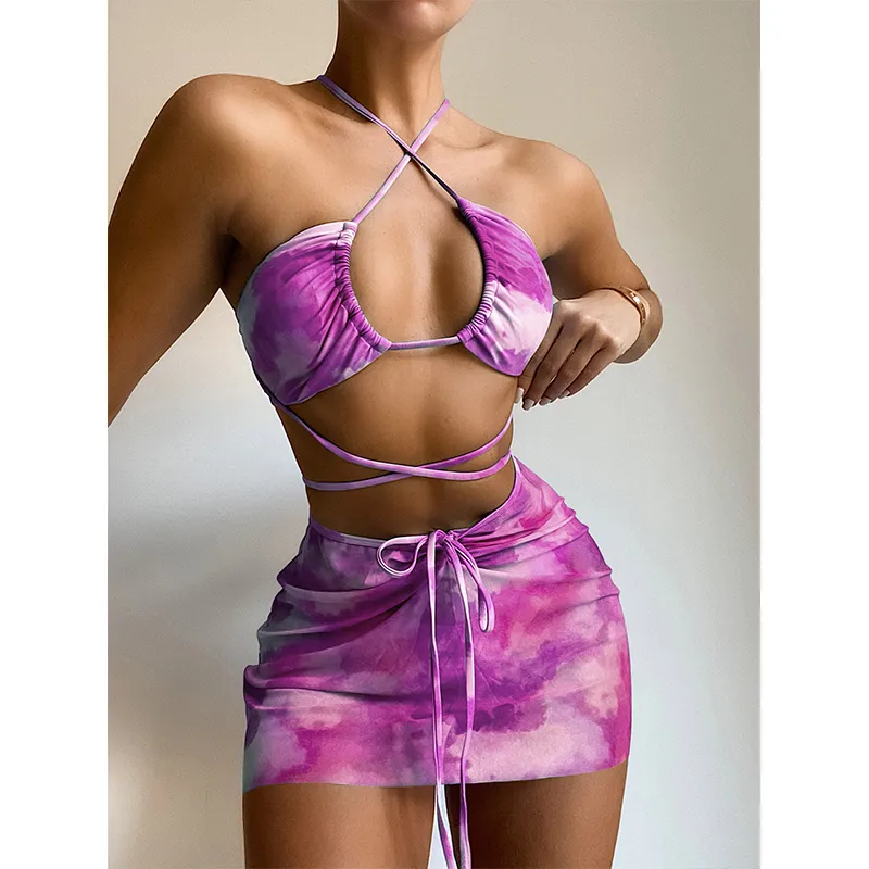 InX Bandeau bikini Pink print swimwear women Skirts set Halter string women swimsuit Sexy bathing suit summer 220611