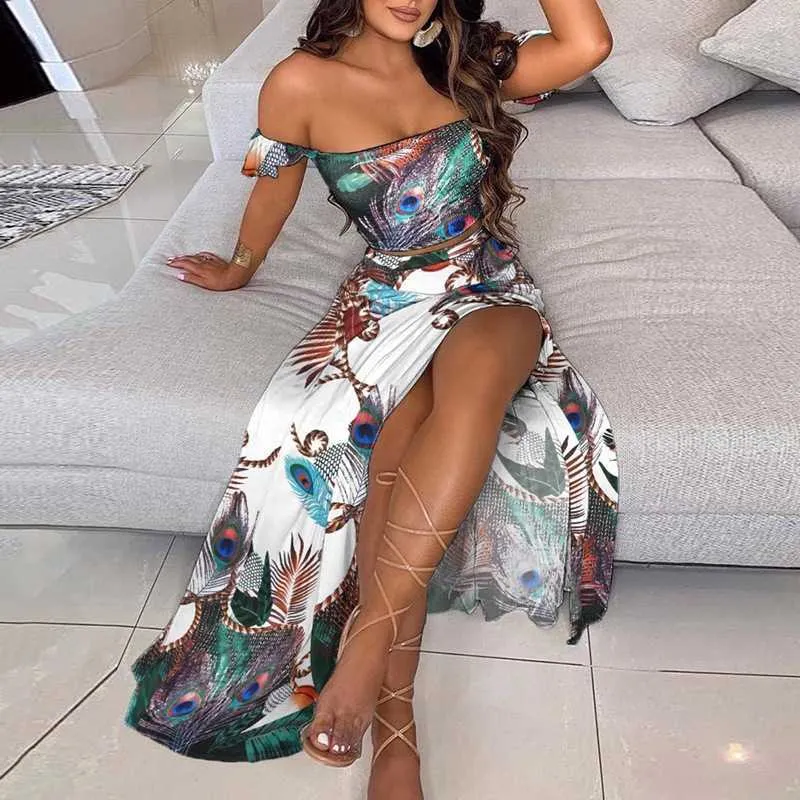 Womens Dresses Two Piece Skirt Set 2022 Summer Slim French Bohemian Print Medium Length Bra Suit Or Woman Casual Dresses