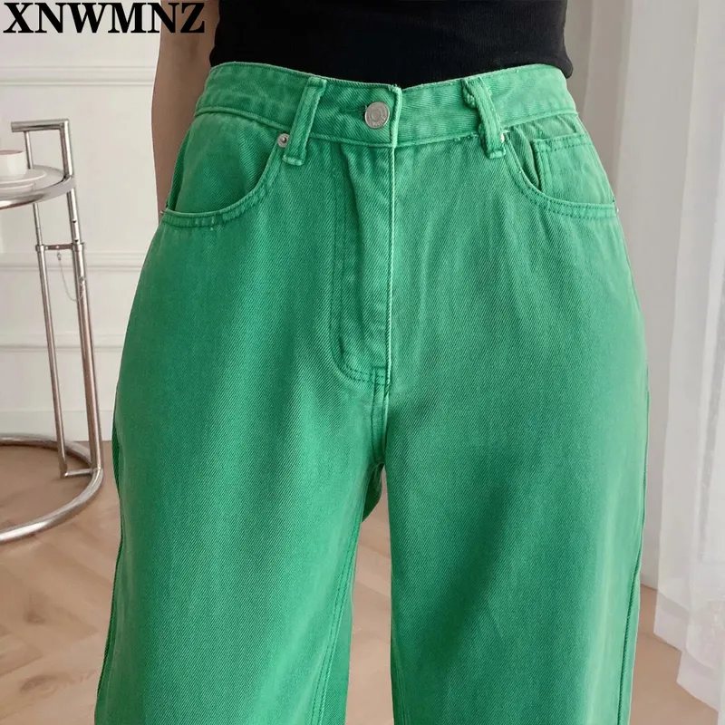Xnwmnz Moda Kobiety Lato Zielone Denim Dżinsy Spodnie Spodnie High Waist Lady Szeroki Noga Pantalon Wysokiej Jakości 220330