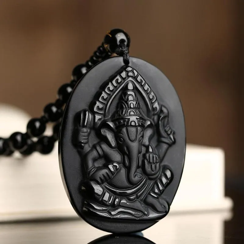 Colares de pingente Ganesha Preto Obsidian Esculpido Ganesh Elefante Sorte Pingentes Colar Fine Crystal JewelryPendant235p