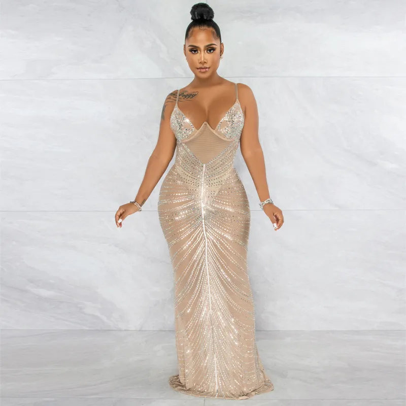Felyn Novelty Chic Design Dress Solid Diamond Spaghetti Strap Sexy Night Party Maxi Vestidos 220521