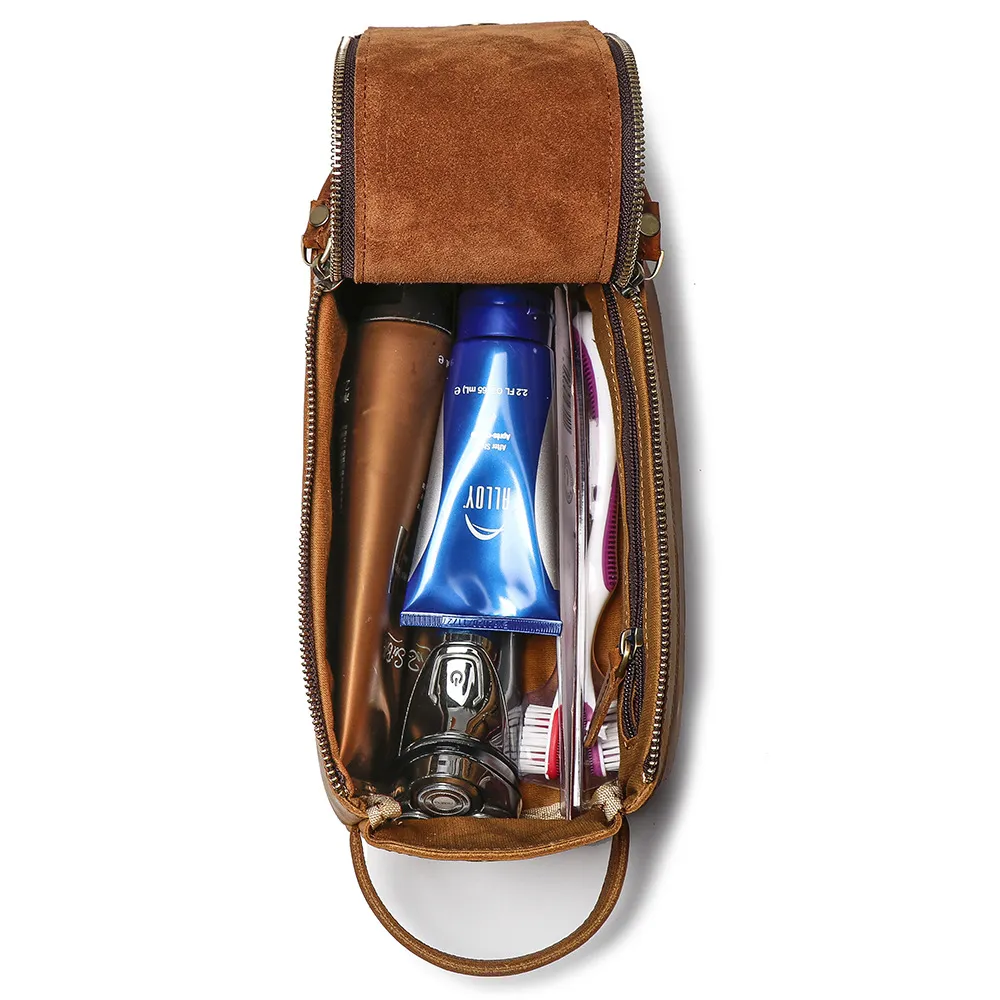 Handtasche Damen Kosmetiktasche großes Fassungsvermögen Crazy Horse Leder Kulturbeutel Aufbewahrungstasche253t