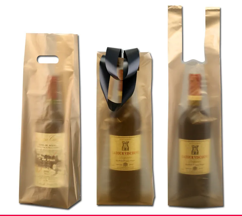 50 Stück Gold Single Double Rotwein Griff Tasche Kunststoff wasserdicht Geschenk Einkaufstasche Bier Getränk Verpackung Box Champagner Flasche Geschenk Tasche 220420