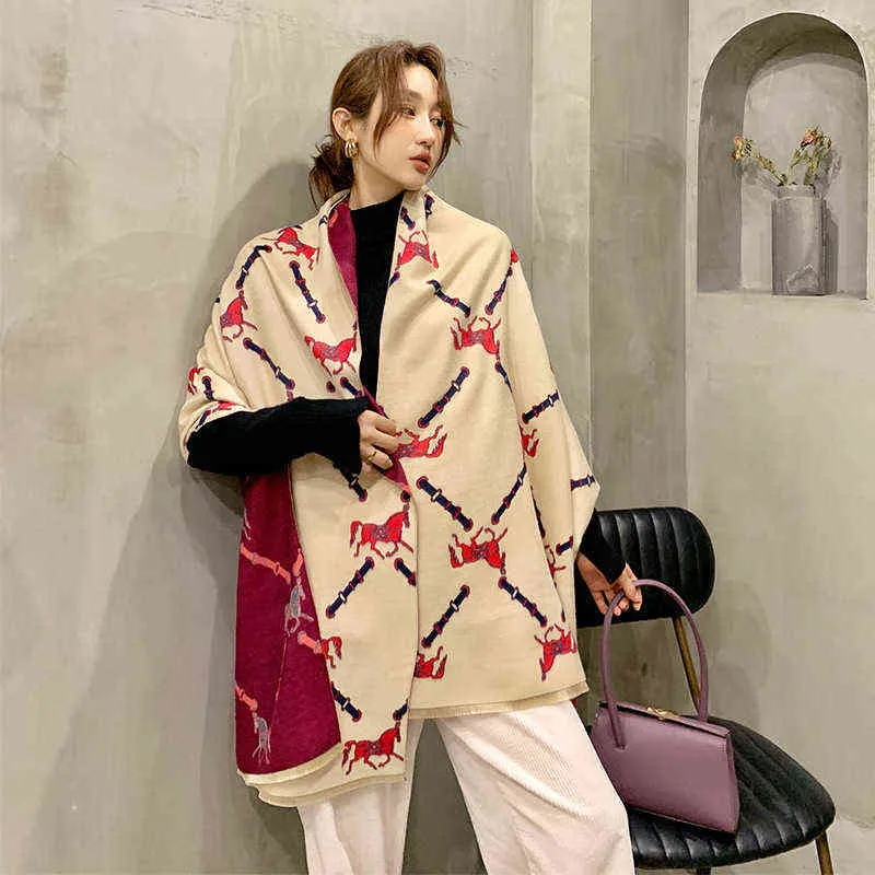 2022 Winter Scarf Fashion Women's Warm Cashmere Shawl Double-Sided Dual-Purpose Lady Thick Foulard Female Bandana Blanket Y220812