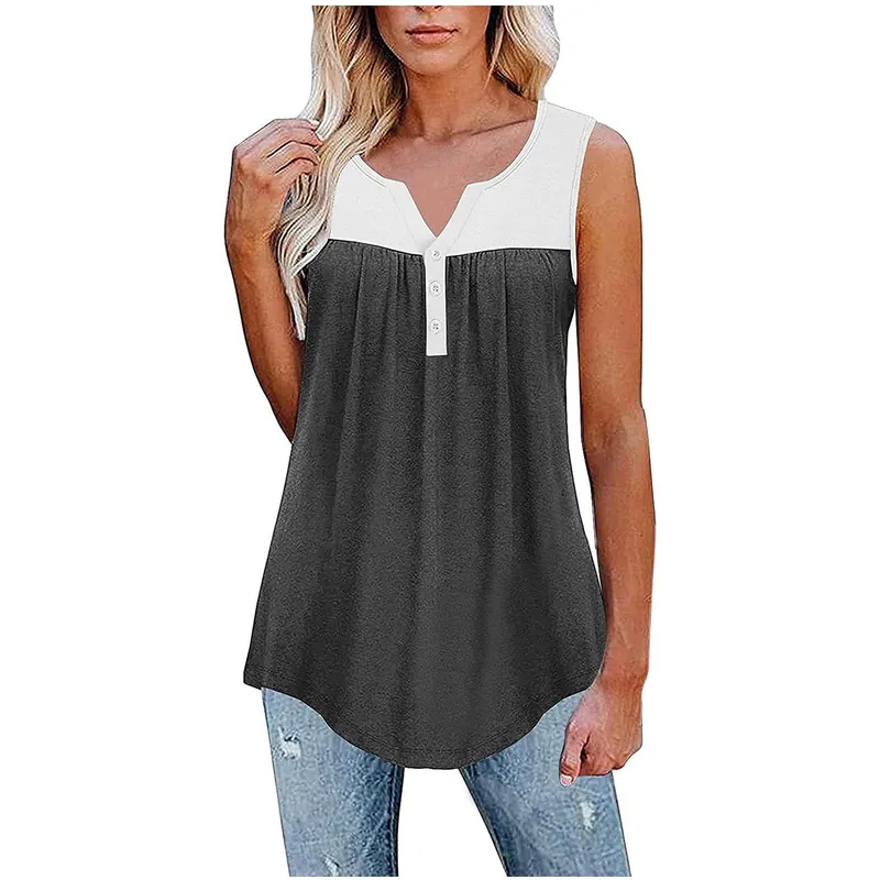 Summer Casual Sleveless T-shirt Women V-Neck Button Stitching Tank Tops Loose Comfortable Pleated Pullover Vest 220325