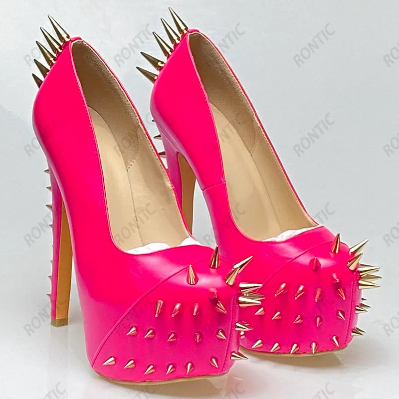 Rontic Handmade Women Platform Pumps Matt Sexy Studded Stiletto Heels Round Toe Pretty White Pink Red Cosplay Shoes US Size 5-14