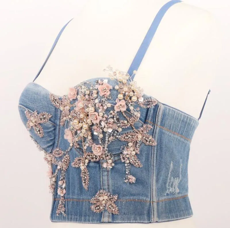 Perline di fiori Denim Jeans Bottoni da donna graffiati Diamanti Strappati Push Up Bustier Night Club Party Crop Top Corsetto Camise 220325