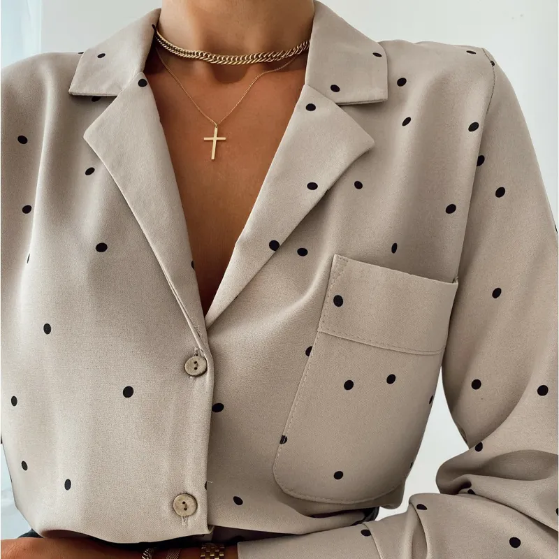 Sleeve lunghe tascabile girare il colletto femminile camicetta Lady Polka Dot Cotton Casual Shirts Spring 220708