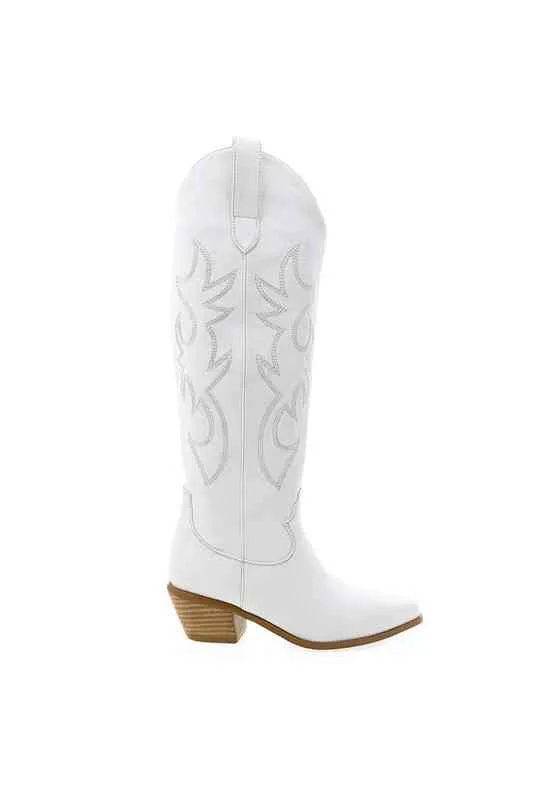 Stivali Donna Cowboy Western Stivali alti al ginocchio Bianco Grosso tacco impilato Cowgirl Ricamato Casual Scarpe a punta Designer di marca G220813