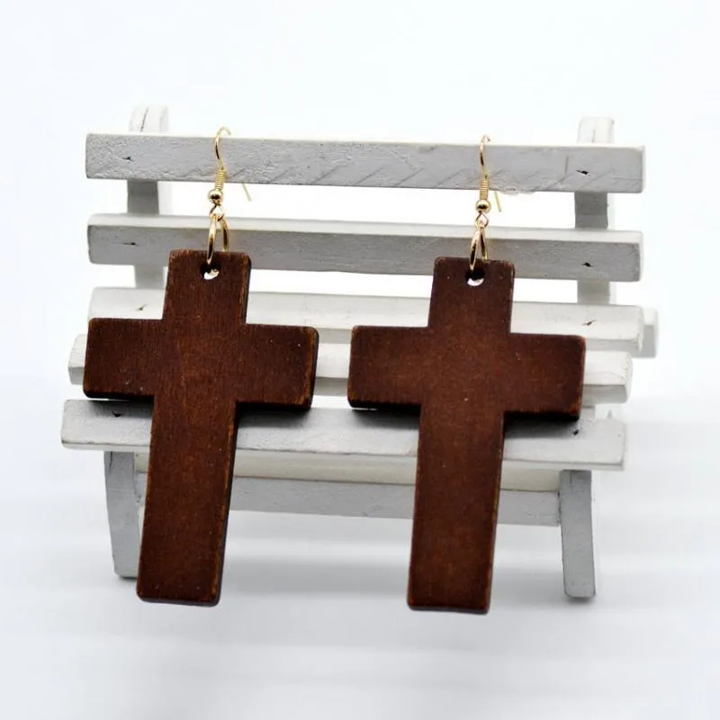 Lustre pendurado brincos de cruz de madeira natural para mulheres moda fé jóias Whole163N