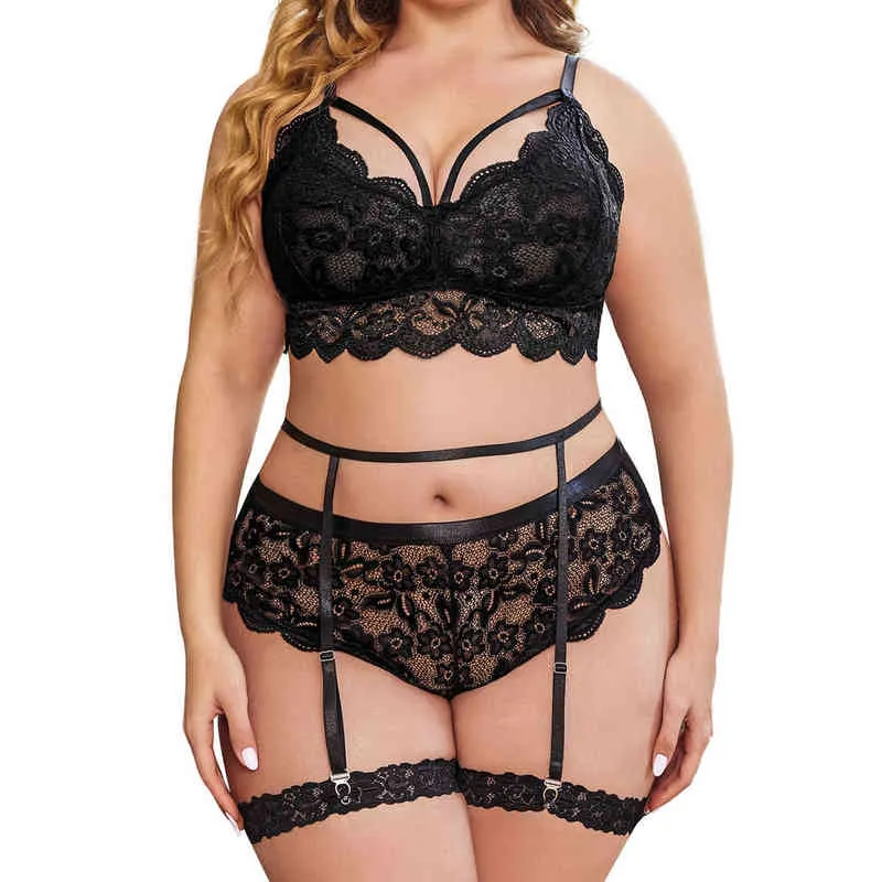 Plus Size Lingerie Set Women Embroidery Floral Lace Bra Panties Garter High Waist Lingerie Sets Exotic Nightwear L220727