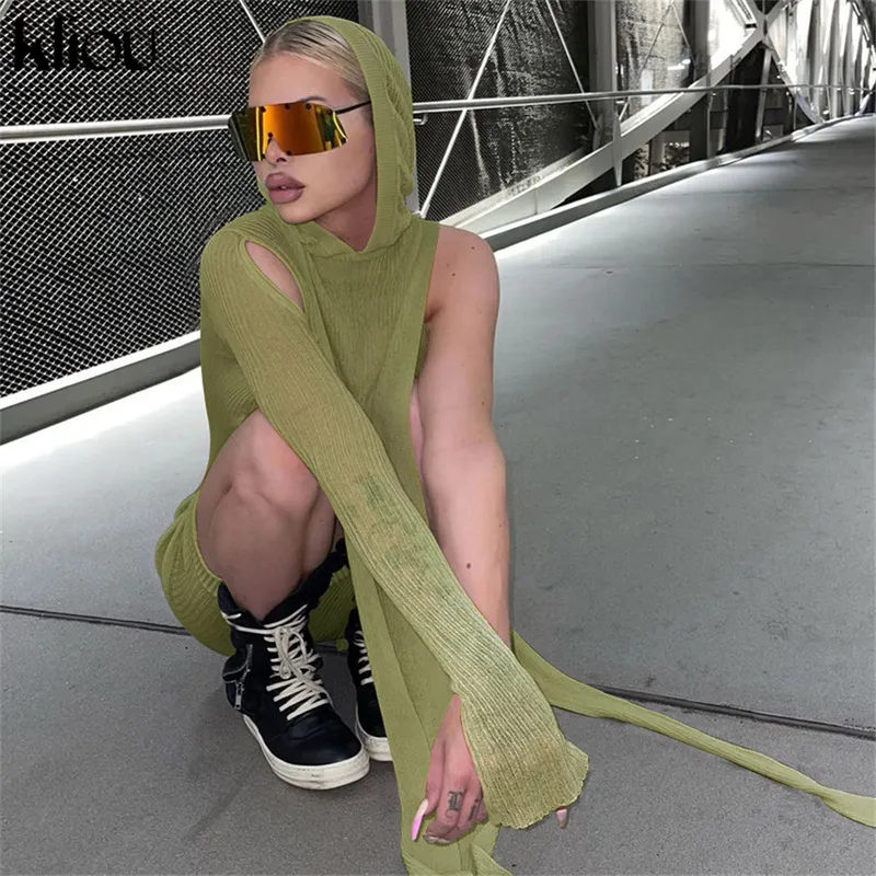 Kliou Knitted Dres Sexy See Through X-Long Hoody Tops+One Shoulder Drawstring Ruched Robe Skirt Hipster Future Streetwear 220402