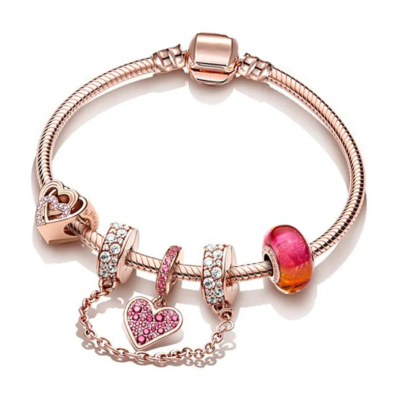 Sterling zilveren kralen armband luxe sieraden set rose goud hete lucht ballon origineel fit pandora armband diy mode diamanten hart hanger cadeau voor vrouwen 16-21 cmm