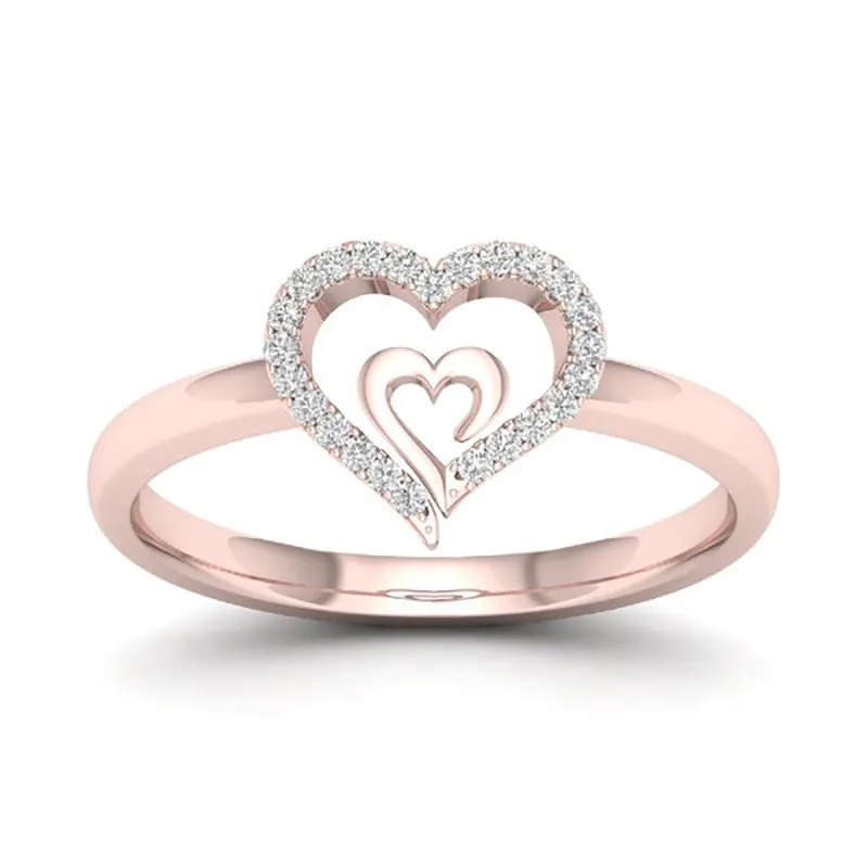 Anillo de dedo de doble corazón delicado de moda para mujer CZ Zirconia cristal oro rosa ahueca hacia fuera regalos de fiesta de boda 220719