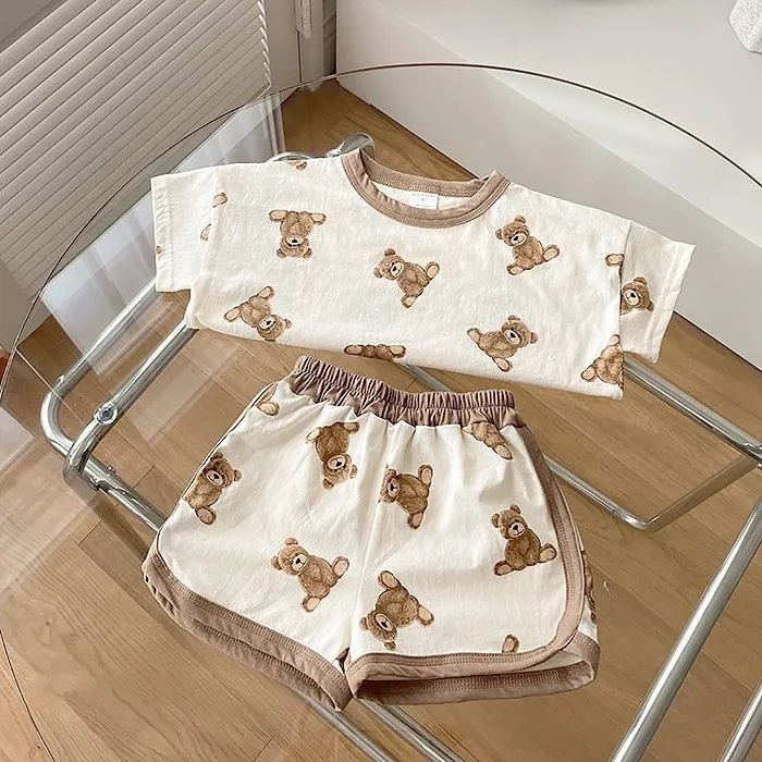 Summer Infant Baby Boy Cartoon Bear Printed Pattern Casual Short Sleeve Tops + Toddler Girl Breathable Shorts Set 220507