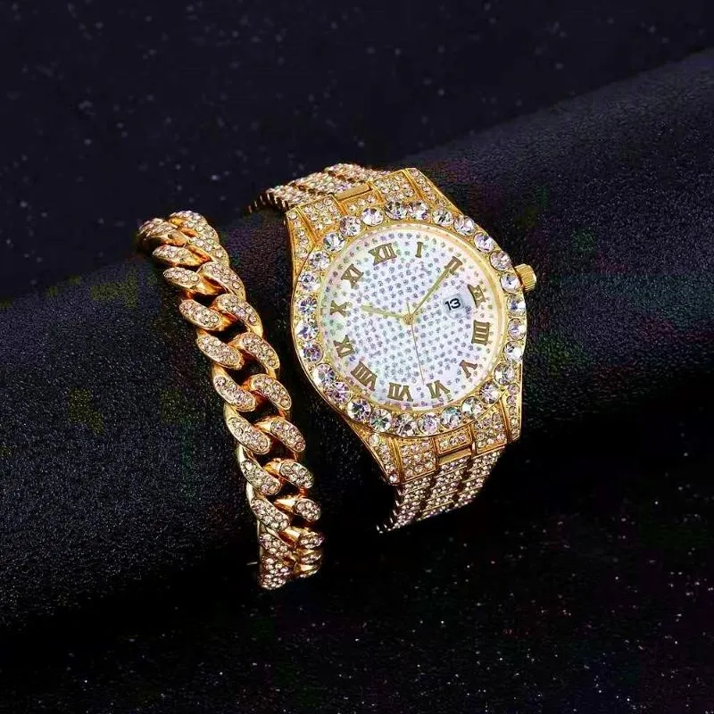 Montres-bracelets Iced Out Bracelet Montres pour hommes Montre complète Quartz Montre-bracelet Hip Hop Gold Diamond Mens Set Reloj DropWristwatches T203o