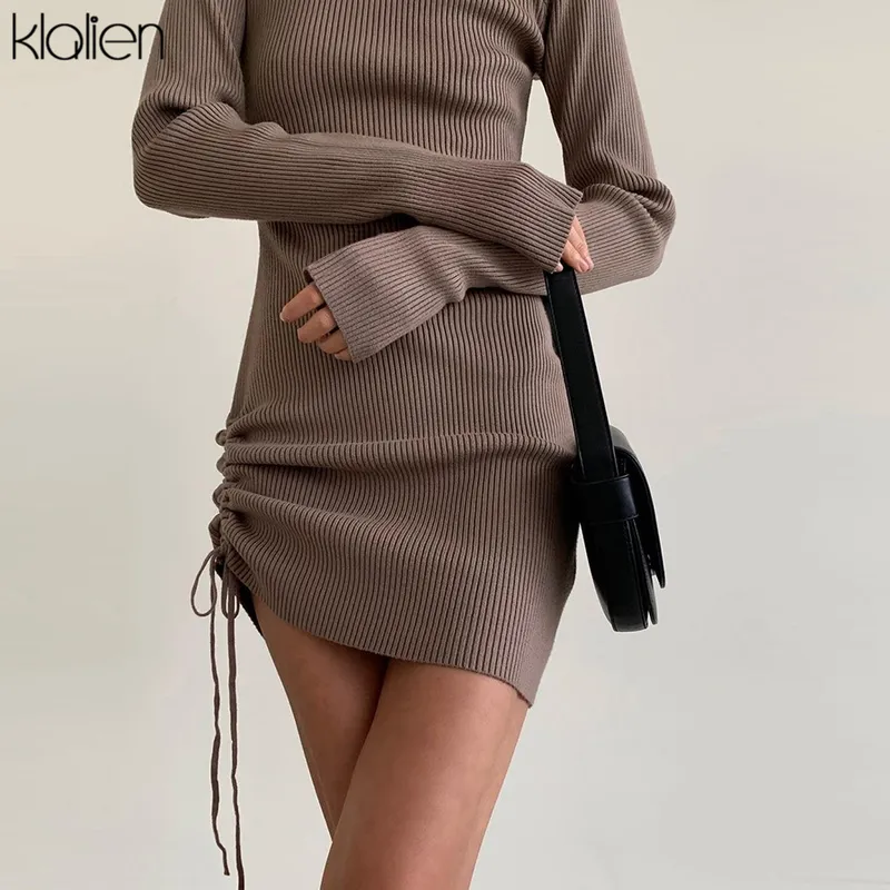 Klalien秋セータードレス女性長袖タートルネックニットソリッドスリム巾着ボディコンドレス厚さ暖かいストリートウェア220316