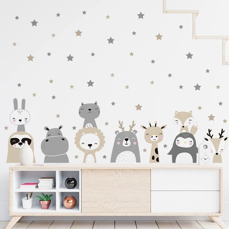 Cartoon Cute Lion Bunny Forest Animals stjärnor Väggklistermärken Beings hjortdekaler för barnrum Baby Nursery Bedroom Murals 220716