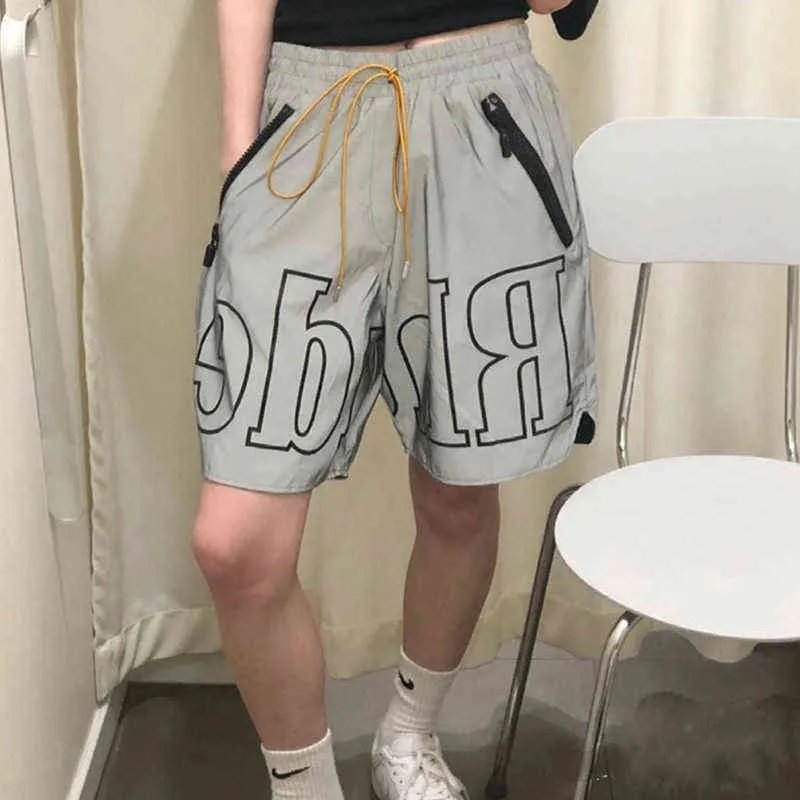 Hip Hop m Reflekterande Rhude Shorts Insida Mesh Män Dam Oversize Stora tryck Ridbyxor med dragsko