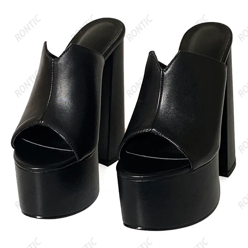 Rontic handgefertigte Damen-Plateau-Pantoletten-Sandalen aus echtem Leder, sexy Blockabsätze, Peep-Toe-Klassiker, schwarze Partyschuhe, US-Größe 4–9,5