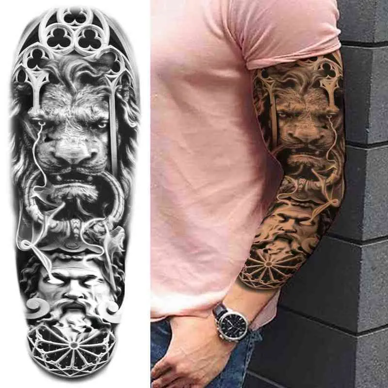 NXY Temporary Tattoo Black Warrior for Women Men Adult Tribal Animal Fake Lion s Sticker Compass Clock Full Sleeve Tatoos Arm 0330