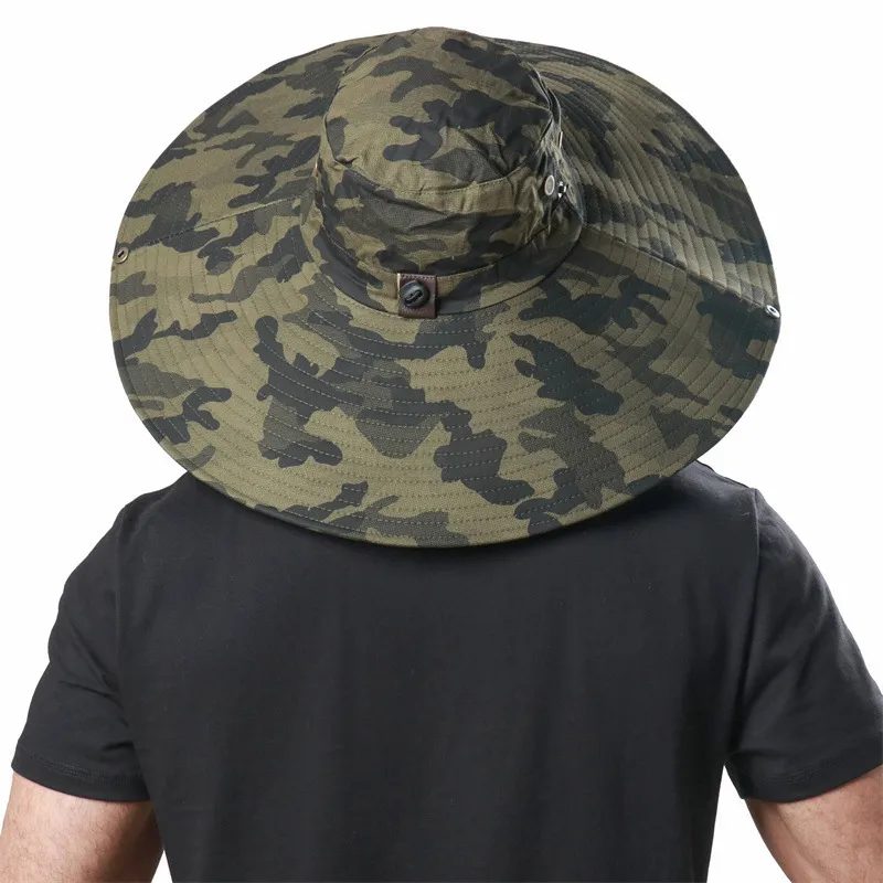 100% bomullskamouflage hink hatt 16 cm stor bredd solhatt camping vandringsnät andas anti UV fiske hattar för män kvinnor 220812