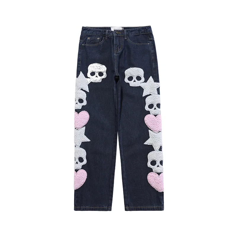 Crânio e cinco estrelas toalha bordado jeans rasgados calças dos homens harajuku vibe estilo streetwear oversize casual denim calças 220726
