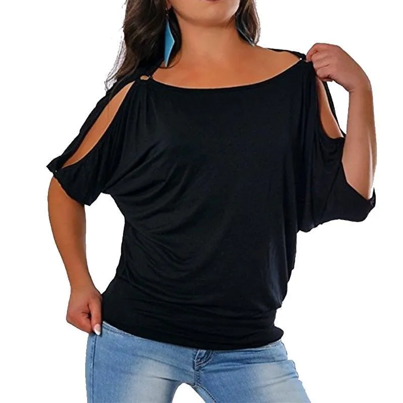 Off Ramię Pół Rękaw Koszulka Lato Kobiety Moda Casual Casual Solid Color O-Neck Luźne Proste Topy Koszulka Plus Size S-5XL 220408