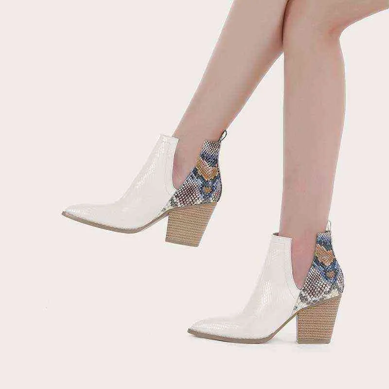 Women Boots Snake Pattern Color Matching High Heeled Short Autumn and Winter Large Size Thin Pointed Thick Heel Leather Boot 's Shoes 0709