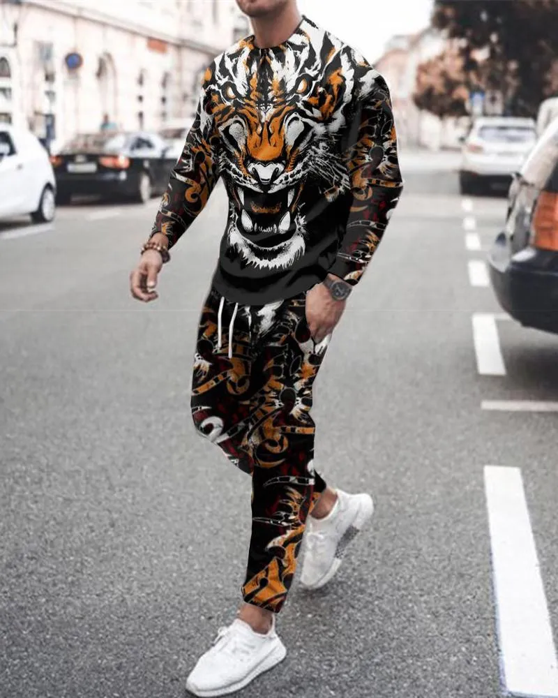 Buz İpek Yaz Sokak Giyim 3d At Aslan Tiger Uzun Kollu Baskılı Adam Spor Giyim Terozi Seti Erkekler 2 Parça Erkek Giyim Takımını 220610