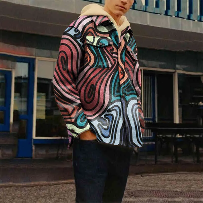 2022男性のファッションプリントジャケット抽象的なラインシャツマルチアイポケット装飾コート9スタイル入手可能