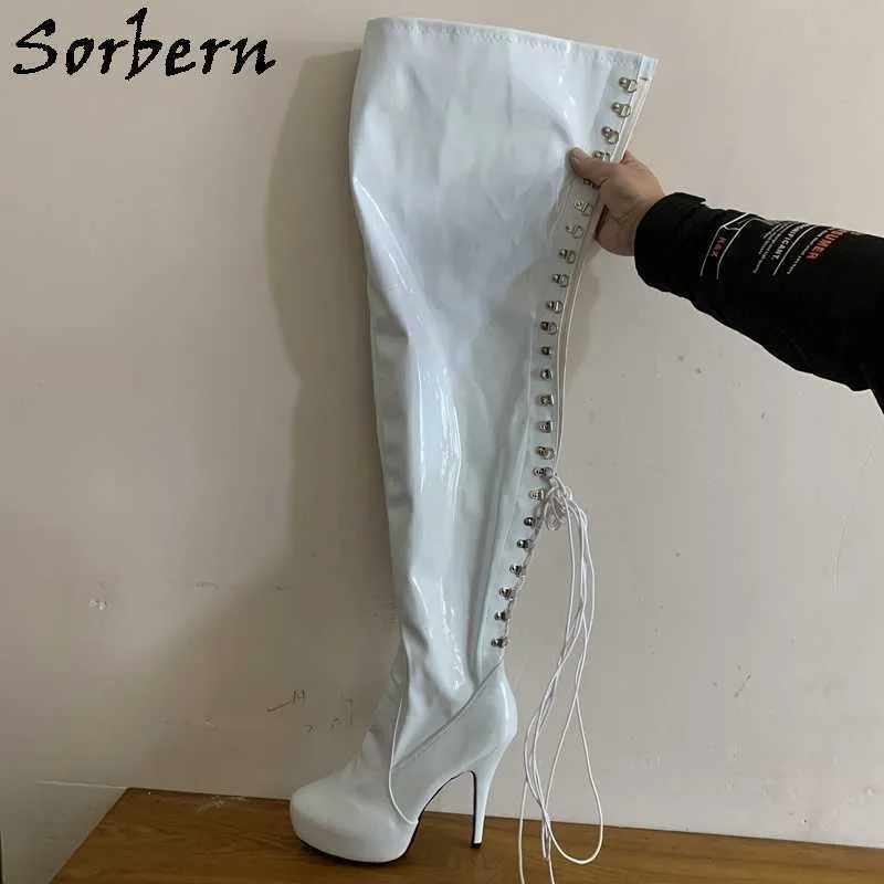 Sorbern 레이스 다시 부츠 여성 페티쉬 하이힐 15cm 가랑이 허벅지 부트 플랫폼 게이 댄스 부츠 맞춤형 넓은 또는 슬림 피트 다리