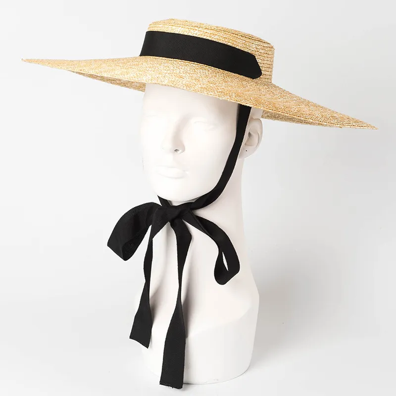 Лето Большая натуральная пшеничная соломенная шляпа для женщин с ручным хрупком шириной козырьки на пляже элегантный плос
