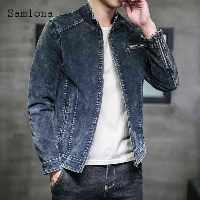 2021 Demin Jacket Slim Men Streetwear Fashion Zipper Demin Coats Mandarijn Kraagtoppen Mannelijke Skinny Jean Outerwear Plus Size S-5XL Y220803