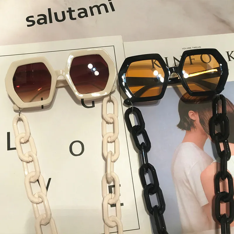 Einzigartiges Sonnenbrillen-Kettenset für Frauen, Luxusmarke, Polygon, quadratische Sonnenbrille, weiblich, Vintage-Punk-Brille, beige Herrenfarben 2205062534