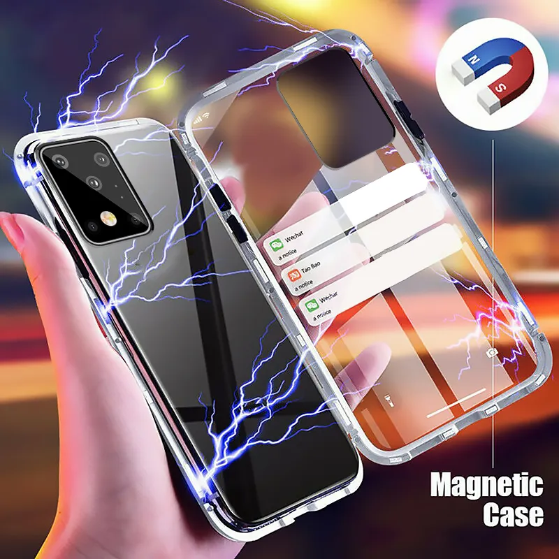 Metalowe etui magnetyczne dla Samsung Galaxy S20 S10 S9 S8 Plus S20 Ultra Uwaga 10 plus A51 A71 Dwustronna pokrywa szkła hartowanego